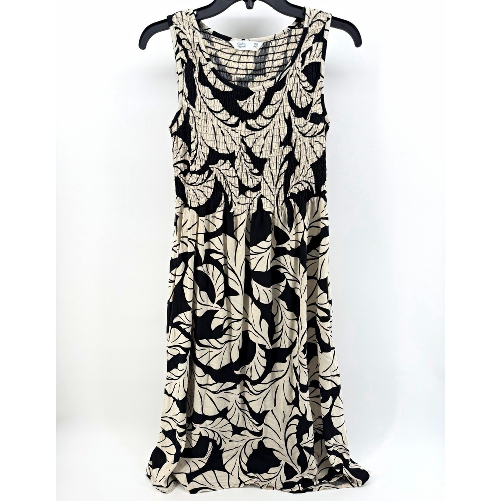 Croft & Barrow Black/Beige Floral Smocked Scoop Neck Midi Dress PXS Petite